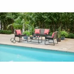 Allen + Roth Ainsley 4-Piece Steel Frame Patio Conversation Set with Niuchen Fabric Cushions - Red and Black -Garden Decor Style 20235174d L